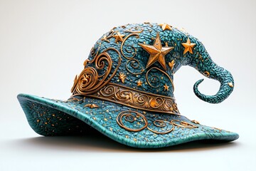 Fototapeta premium Whimsical wizard hat perfect for Halloween festivities, featuring intricate gold patterns, ideal for costumes, decorations, or themed parties. With copy space.