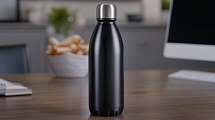 A sleek and stylish black metal water bottle rests on a wooden desk beside a computer, ideal for showcasing your logo or promotional message in a modern office environment
