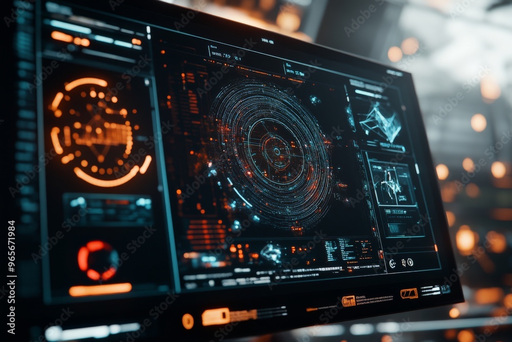 Poster an intricately detailed screen displaying futuristic data analysis and visualization, with various c