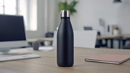 A sleek and stylish black metal water bottle rests on a wooden desk beside a computer, ideal for showcasing your logo or promotional message in a modern office environment