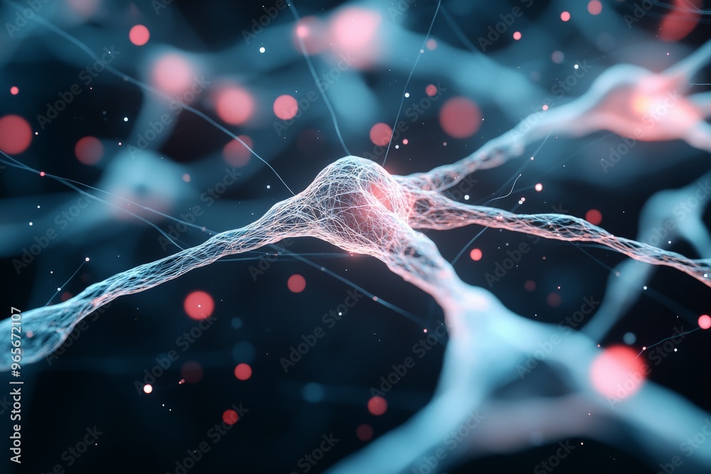 Poster an artistic illustration of a neural network with interconnected nodes emitting a soft glow, represe