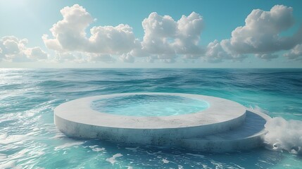 Beach podium summer background sand product 3D sea display platform. Beach podium summer banner stand scene sale sky holiday vacation stage water island sun travel pedestal promotion presentation 