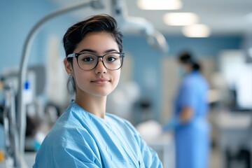 Fototapeta premium A confident female doctor in a hospital setting, wearing glasses and medical scrubs, ready to assist patients in a modern medical facility, focusing on patient care.
