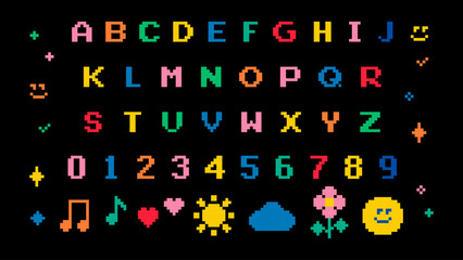 Childish font set in pixel art. Pixel alphabet letters and number. Funny naive design elements. Mood of 90's aesthetics. 8-bit retro style vector typeface for kids design, game, website, print, card