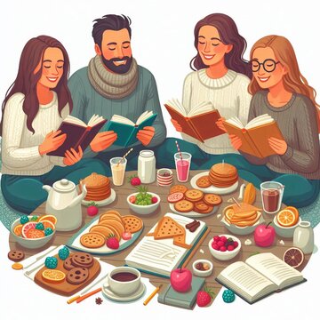 people reading books together, cozy setting clip art preview