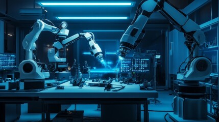 Fototapeta premium A futuristic science lab with robotic arms and advanced equipment, glowing blue lights.