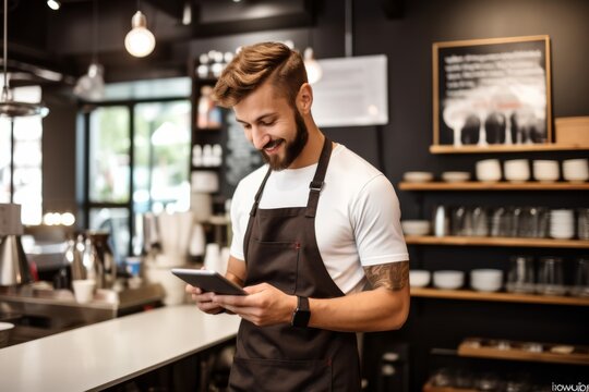Barista checking orders on tablet, isolated on white background