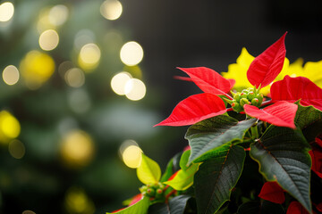 Red and yellow poinsettia on blurred bokeh background with copy space. Christmas concept