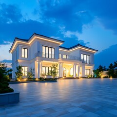 Grand white driveway in front, luxury style, fully empty and clean