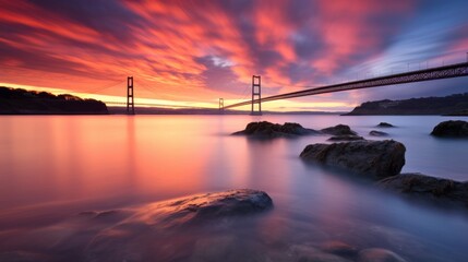 Fototapeta premium Bridge at sunrise over a bay, long exposure creating smooth water and vibrant sky