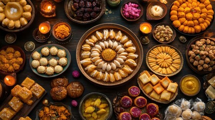 Fototapeta premium Delectable spread of traditional Diwali sweets including ladoos