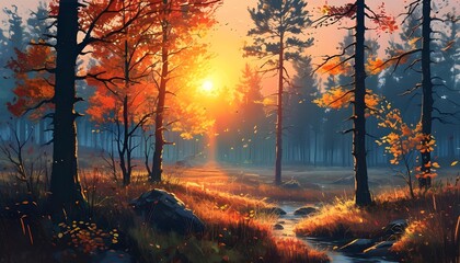 Tranquil autumn forest landscape glowing in morning light at sunrise