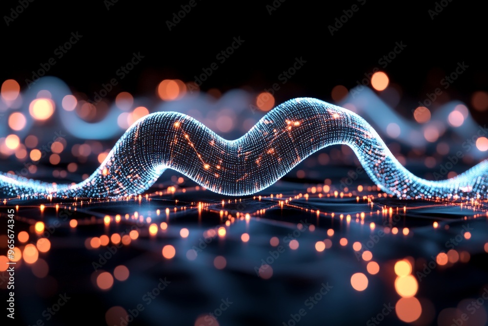 Poster a captivating digital artwork showcasing an abstract wave made up of countless glowing particles, fl