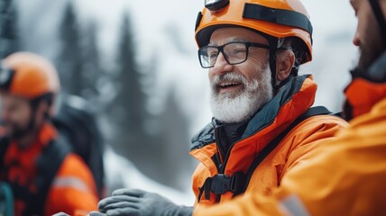 Old people receiving assistance from a rescue unit, with emergency responders providing aid and ensuring their safety in a rescue operation scenario.