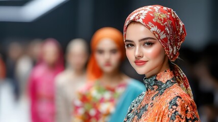 Obraz premium Muslim people modeling traditional and contemporary fashion pieces on the runway, with a blend of cultural elegance and modern design amidst a fashionable scene.