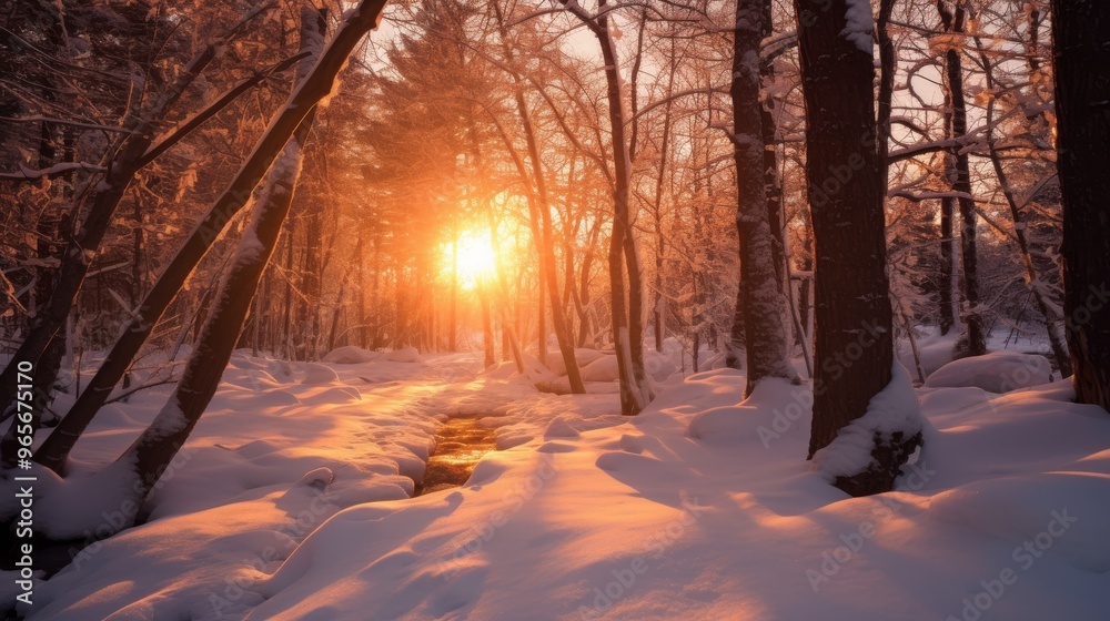 Poster sunlight filtering through bare branches in a snowy forest at sunset