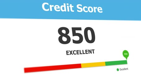 Animated credit score level, financial report with high personal credit score, bar chart and increasing counter, footage