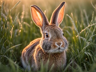 Fototapeta premium A close-up portrait of a wild rabbit on grassy terrain with a blurred background, highlighting its natural beauty.