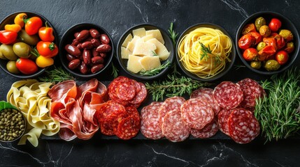 Luxurious Italian cooking setup on a polished black marble surface. Plates of cured meats like prosciutto and salami