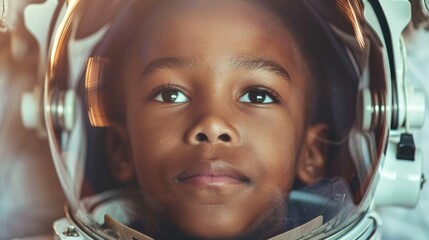 Confident African American kid in astronaut suit with helmet in space