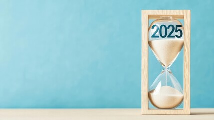 Elegant hourglass representing the year 2025, symbolizing time management and future planning against a soft blue background.