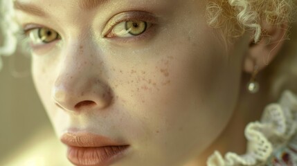 Albino woman in a studio setting, intense gaze, flawless skin, well-lit scene