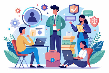 A group of people is gathered around a table, each with their own laptop