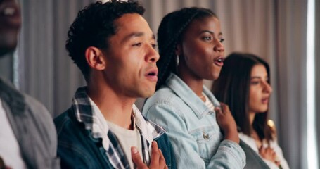 Friends, singing and national anthem in home for sports game, support and watching tv with diversity. People, pride and fans for television, soccer and song with streaming, solidarity and respect - Powered by Adobe