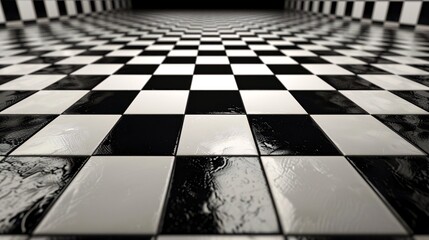 A black and white checkered floor with a perspective effect, the tiles are shiny and reflect light.