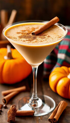 a creamy, cinnamon-topped beverage in a martini glass, garnished with a cinnamon stick. The drink is set against a warm, autumnal backdrop featuring pumpkins and plaid fabric, evoking a cozy, seasonal
