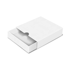White square cardboard slide-out drawer box. 3d mockup. Slightly open carton slider box isolated. Realistic mock-up. Paper sliding sleeve lid with notch-cut hole container packaging. Vector template