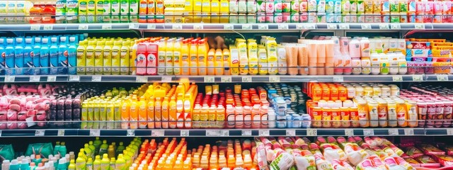 Supermarket shelves filled with colorful juice bottles