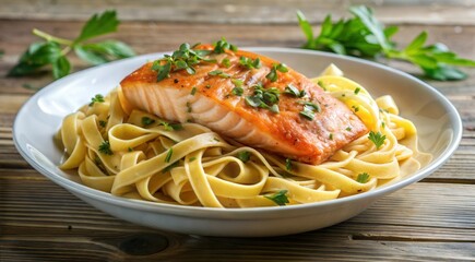 salmon with pasta,herbs,lemon and spices.