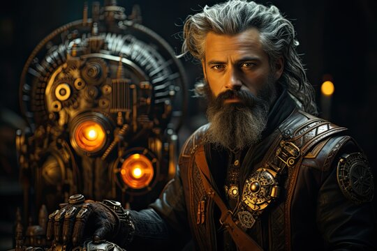 beautiful steampunk old techno mage with white beard