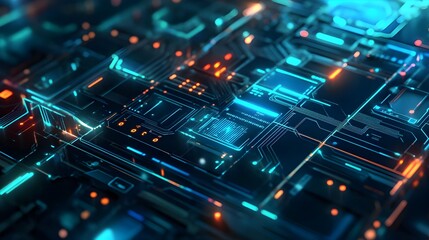 Obraz premium Futuristic Circuit Board with Neon Blue and Orange Lights - High-Tech Digital Art