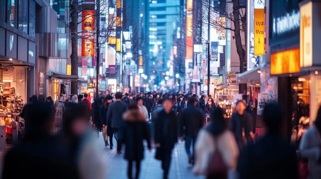 A bustling urban avenue filled with people walking and interacting, with skyscrapers, street signs, and city lights creating a dynamic and lively cityscape.