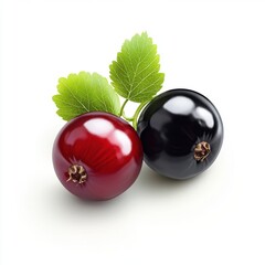 Blackcurrant ripe and not yet ripe with green leaf isolated on white background with clipping path, bright studio lighting