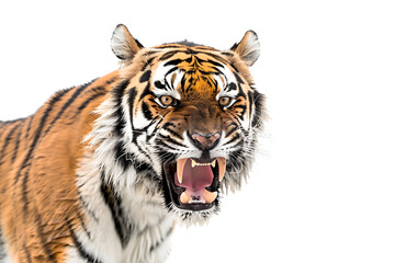 Fototapeta premium Close-Up of Tiger's Face with Intense Gaze,Mystic portrait of Indochinese Tiger in studio, on right side, Anger, Menacing, Headshot, Close-up View Isolated on white background