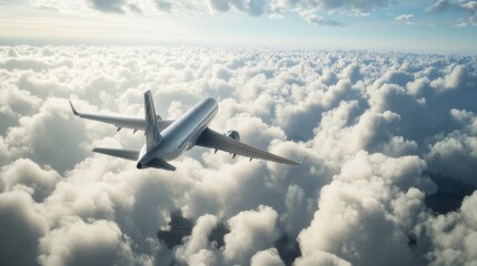Obraz premium A passenger aircraft moving smoothly above a blanket of white clouds, with the expansive sky creating a sense of endless possibilities