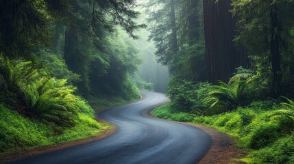 Obraz premium A picturesque road meandering through lush greenery and massive redwoods in the Redwood National Forest, with mist creating a mystical atmosphere
