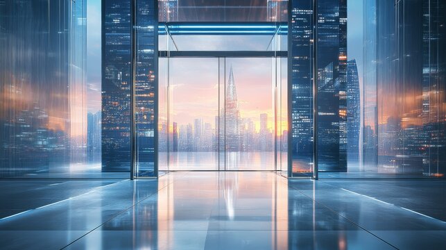 A modern glass door with sleek metal frames opens to a breathtaking view of a surreal cityscape with towering, futuristic skyscrapers bathed in a magical glow.