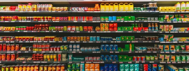Supermarket aisle with canned food products and condiments