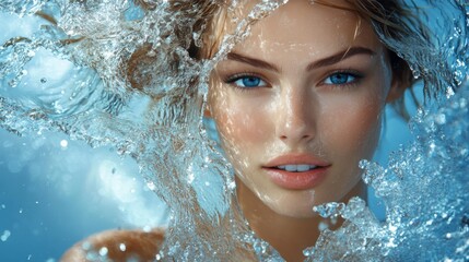 A radiant model woman exudes confidence as she poses amid a cascade of water splashes, the dynamic motion of the liquid enhancing her striking appearance,