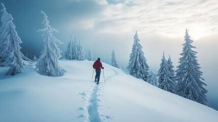 Adventurer ascending a snowy slope in a winter landscape with snow-covered trees and a cloudy sky in the background