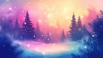 Naklejka premium Abstract winter fir forest with snow and glowing lights on a colorful background, featuring ample copy space, Christmas or New Year's concept and background banners