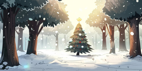 Obraz premium Christmas tree in a snowy forest landscape with copy space