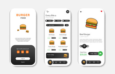 Application to buy burgers. Burger order interface template collection. Responsive GUI for mobile applications