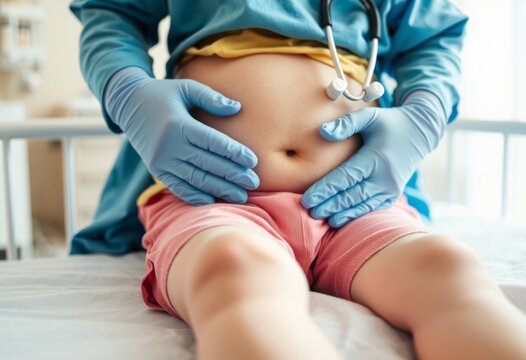 Close up of pediatrician's gloved hands palpating child's stomac