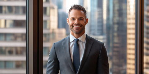 Fototapeta premium A man in a suit and tie stands in front of a window overlooking the city. He is smiling, confident and professional.