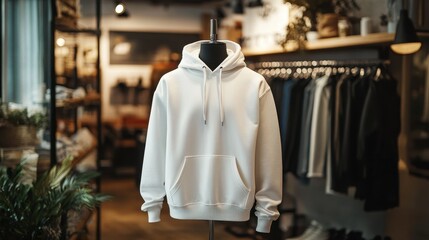 mock up of plain white hoodie in shop displayed on mannequin
